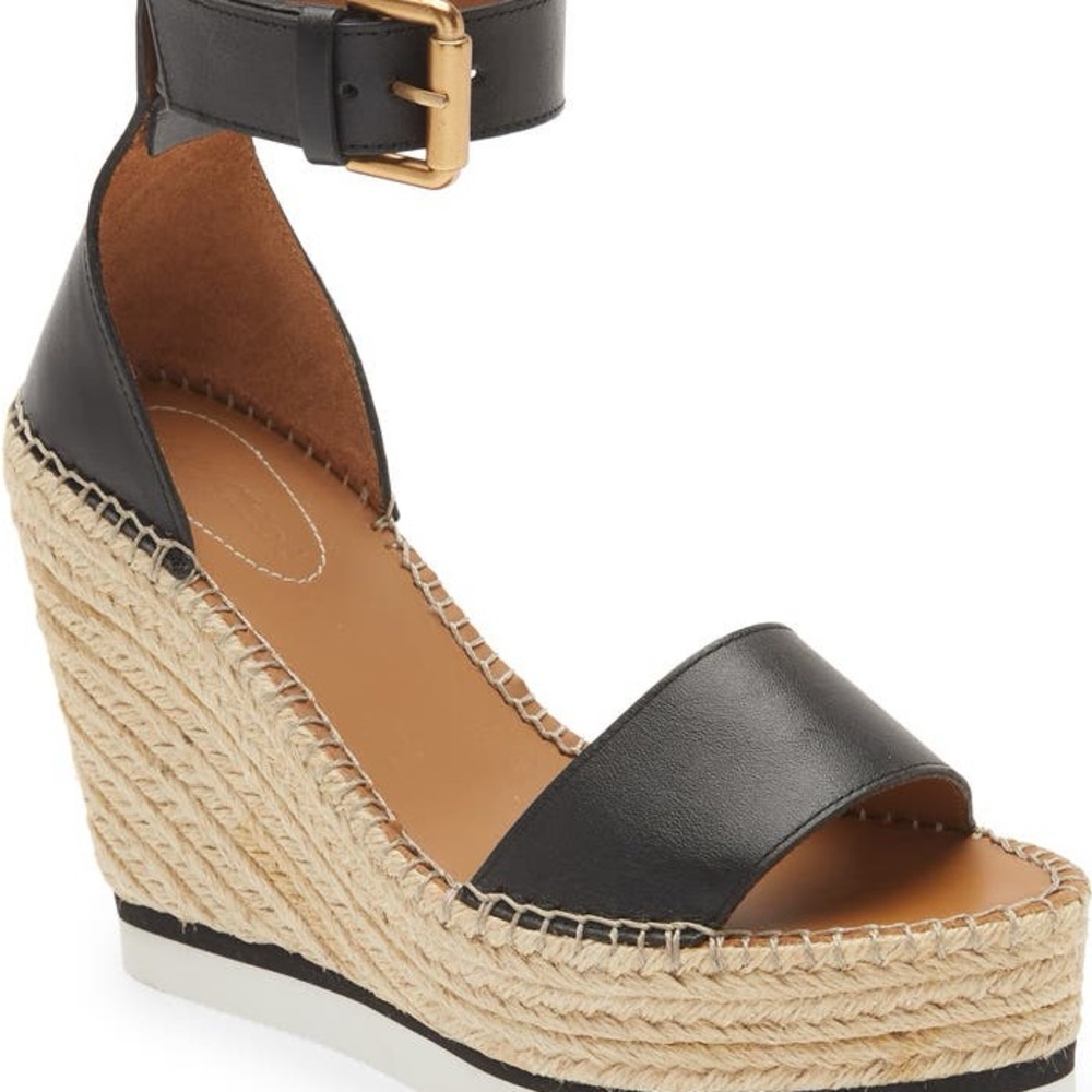 Chloé Glyn Espadrille Wedge Sandal in Black Leather
